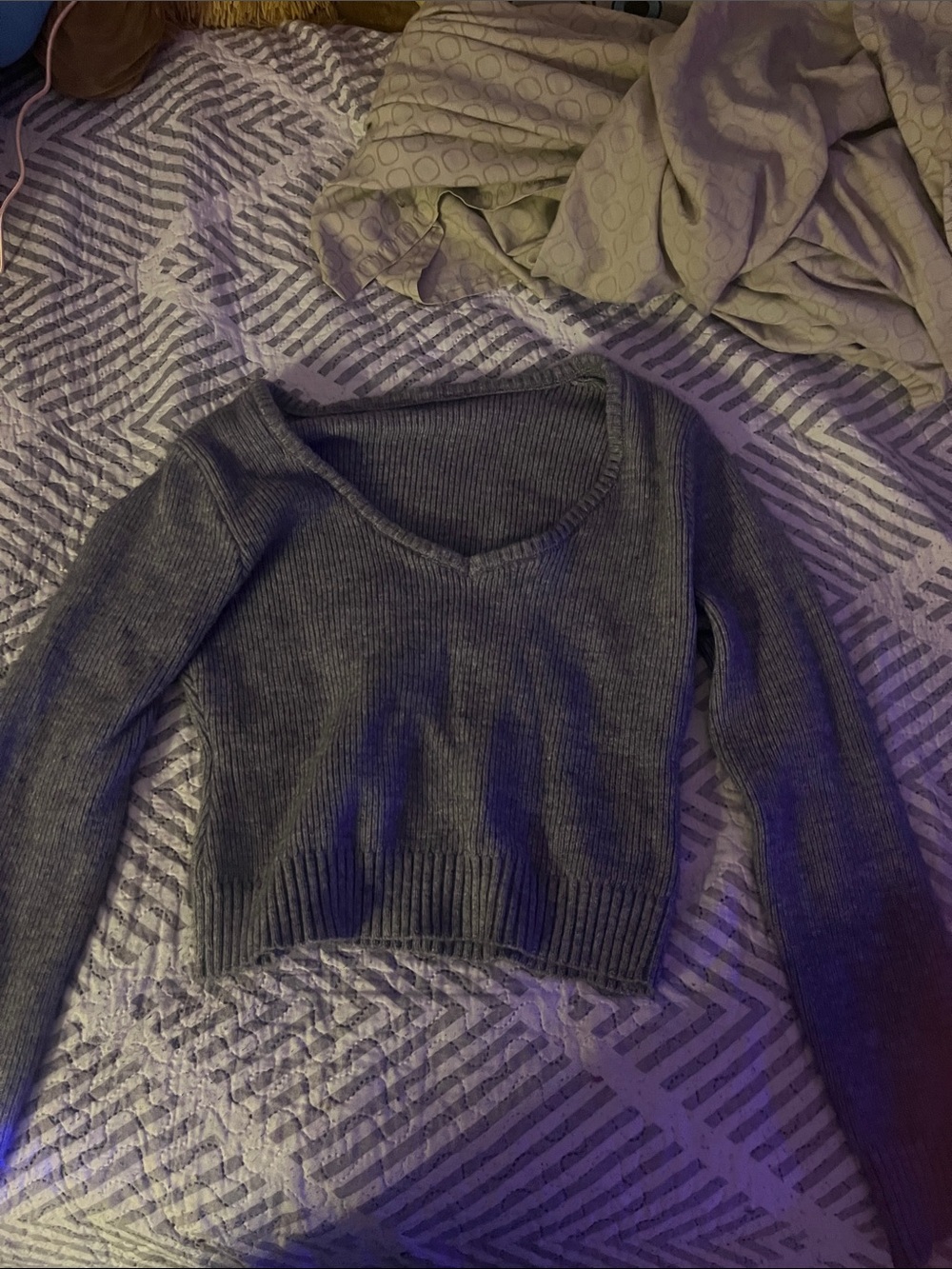 V-Neck Ribbed Long Sleeve Women's Sweater - Gray